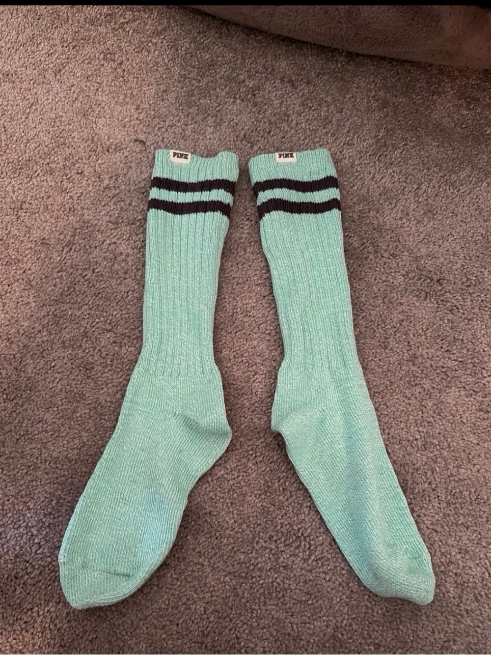 PINK Victoria's Secret Mint Green Knee-High Athletic Socks with Black Stripes